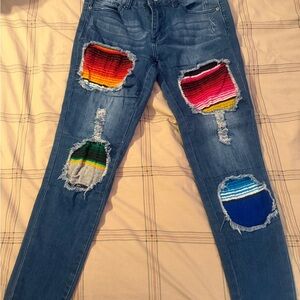 Lucky & Blessed Blue Jeans with Colorful Patchwork
